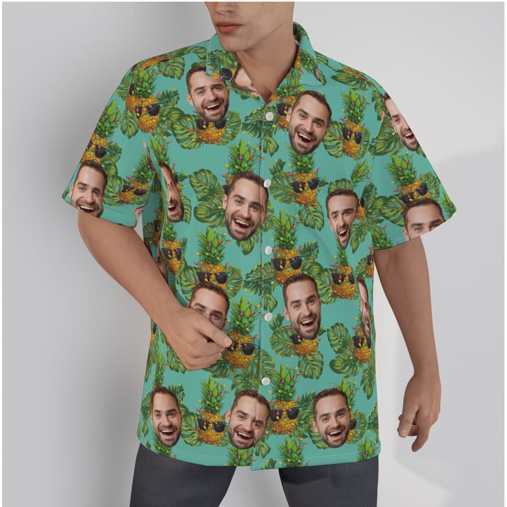 Christmas Pineapple Custom Face Blue Hawaiian Shirt