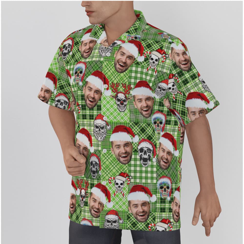 Christmas Skull Buffalo Plaid Custom Face Hawaiian Shirt