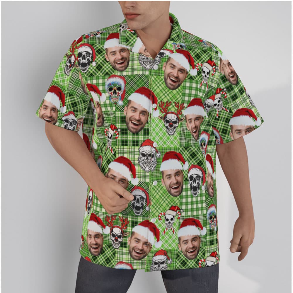 Christmas Skull Buffalo Plaid Custom Face Hawaiian Shirt