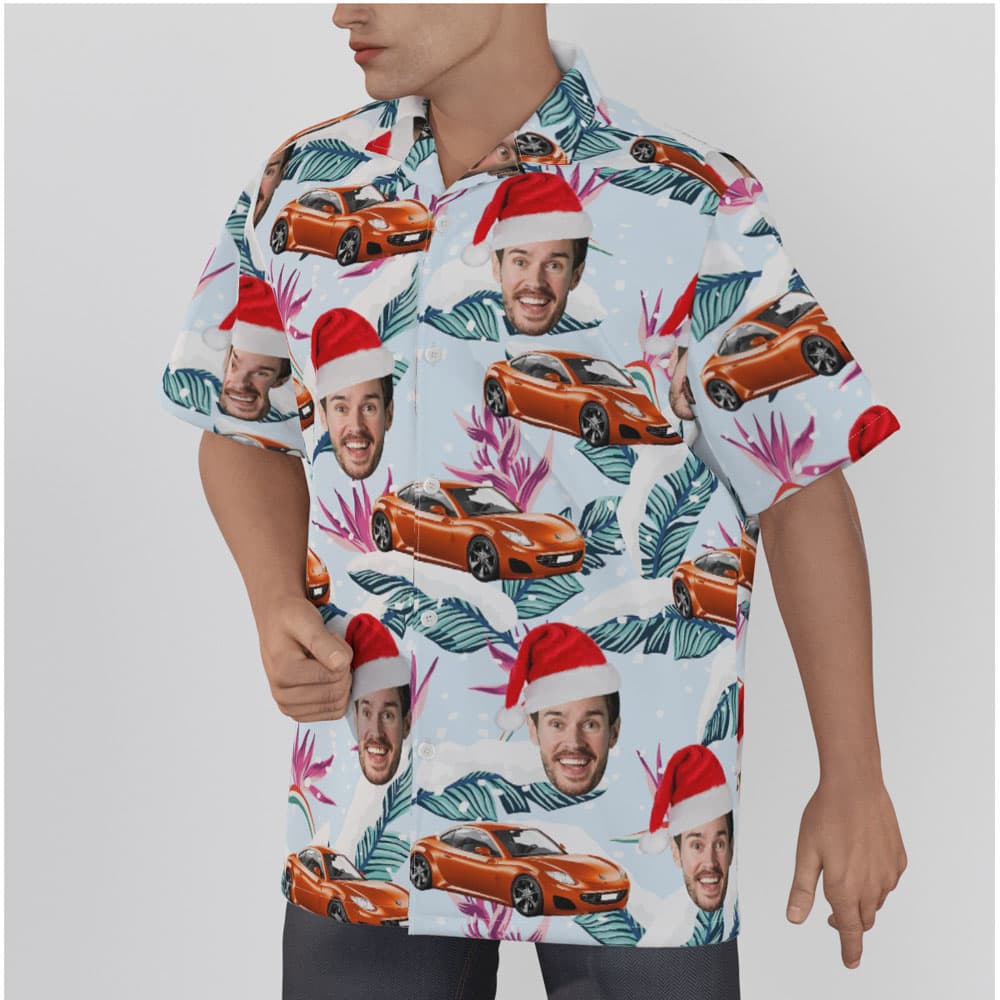 Custom Face And Car Christmas Floral Hawaiian Shirt
