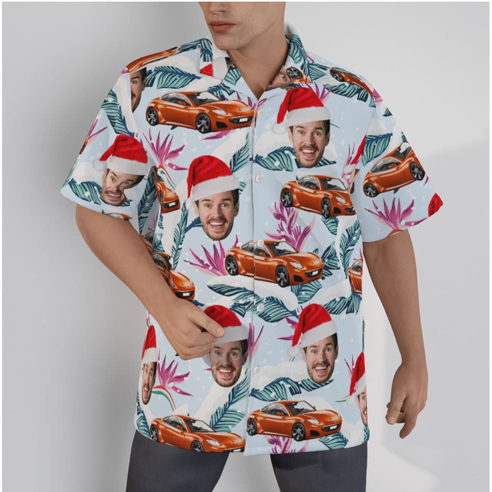 Custom Face And Car Christmas Floral Hawaiian Shirt