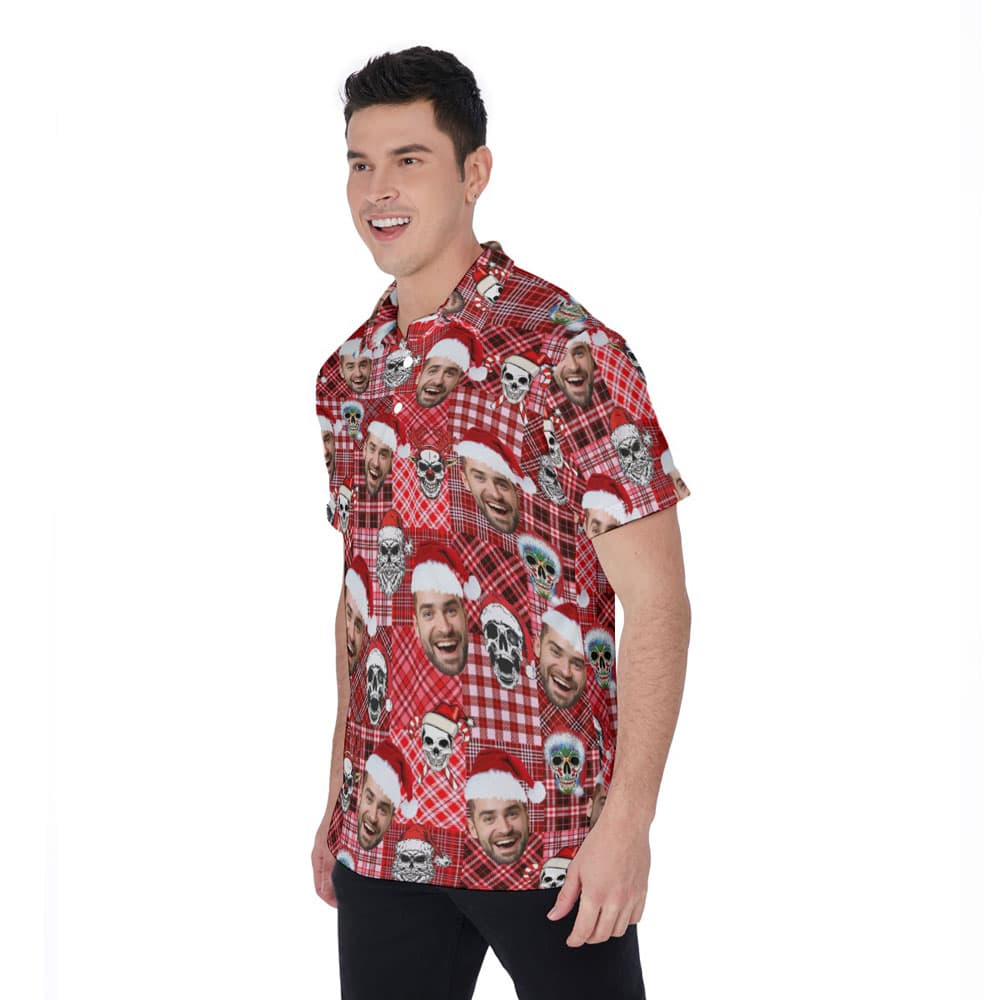 Custom Face Buffalo Plaid Christmas Skull Hawaiian Polo Shirt