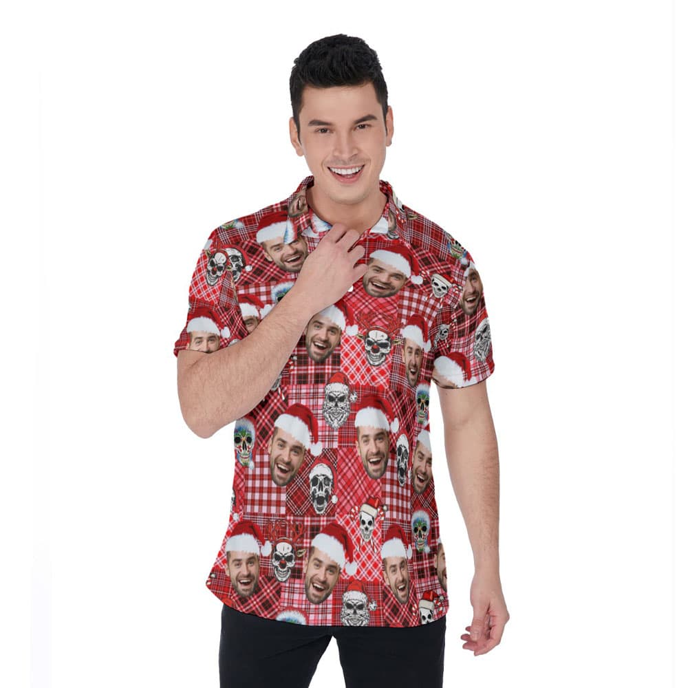 Custom Face Buffalo Plaid Christmas Skull Hawaiian Polo Shirt