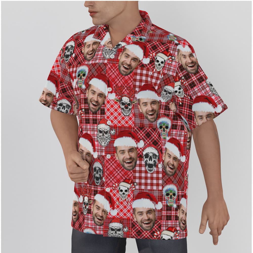 Custom Face Buffalo Plaid Christmas Skull Hawaiian Shirt