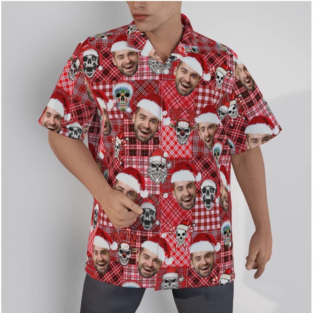 Custom Face Buffalo Plaid Christmas Skull Hawaiian Shirt