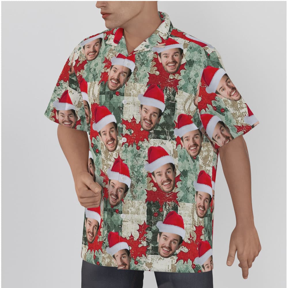 Custom Face Christmas Holly Leaves Vintage Hawaiian Shirt