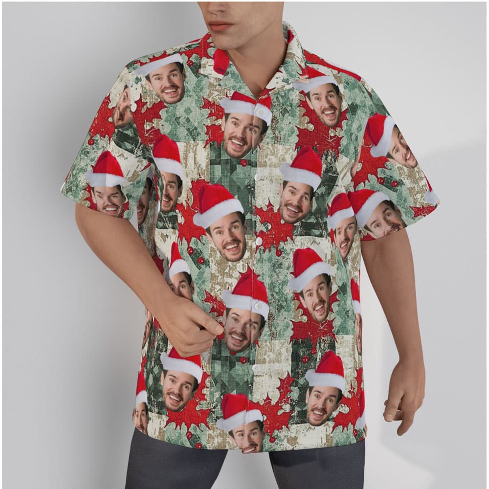 Custom Face Christmas Holly Leaves Vintage Hawaiian Shirt