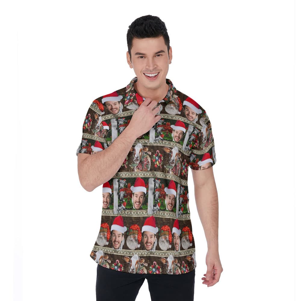 Custom Face Vintage Christmas Cow Hawaiian Polo Shirt