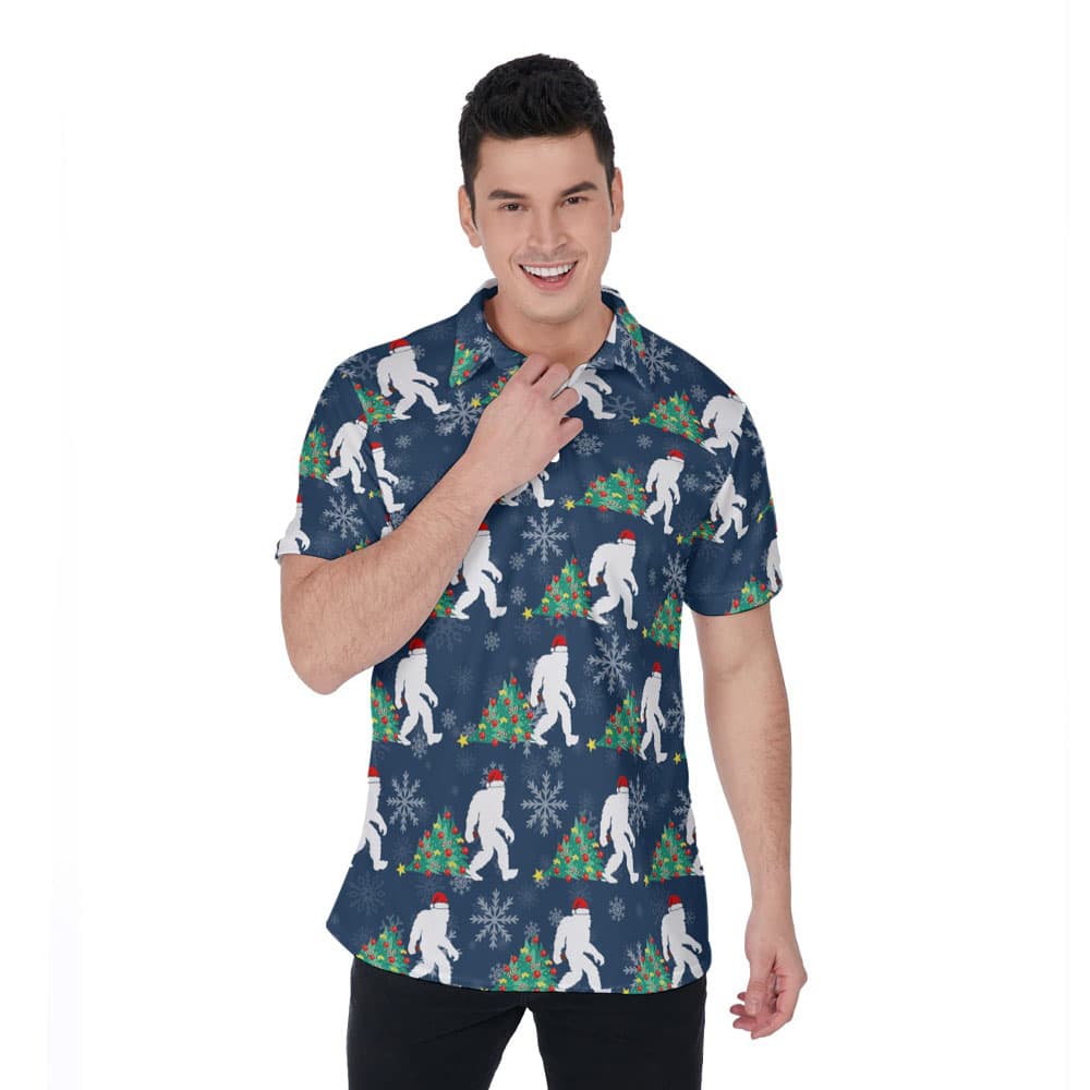 Funny Bigfoot And Christmas Tree Navy Hawaiian Polo Golf Shirt