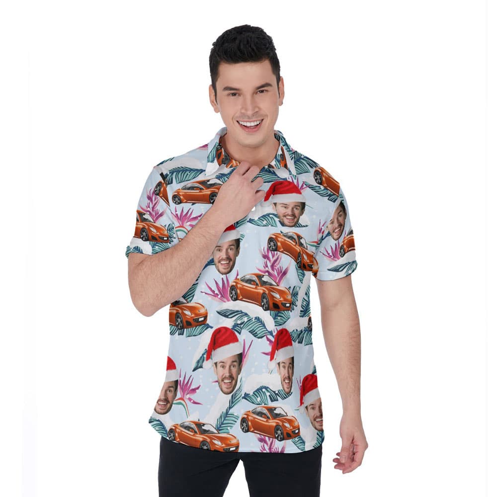 Funny Custom Car And Face Christmas Hawaiian Polo Shirt