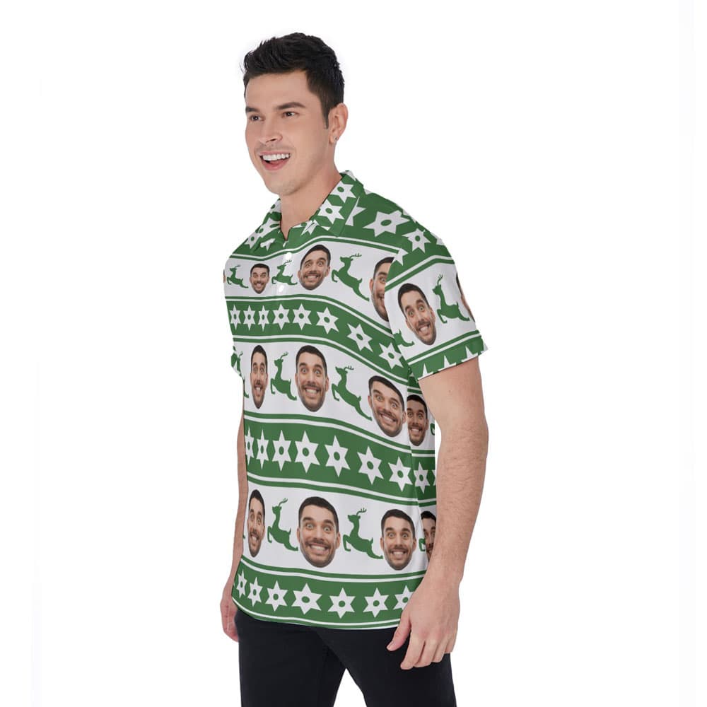 Funny Custom Face Christmas Reindeer Green Hawaiian Polo Golf Shirt