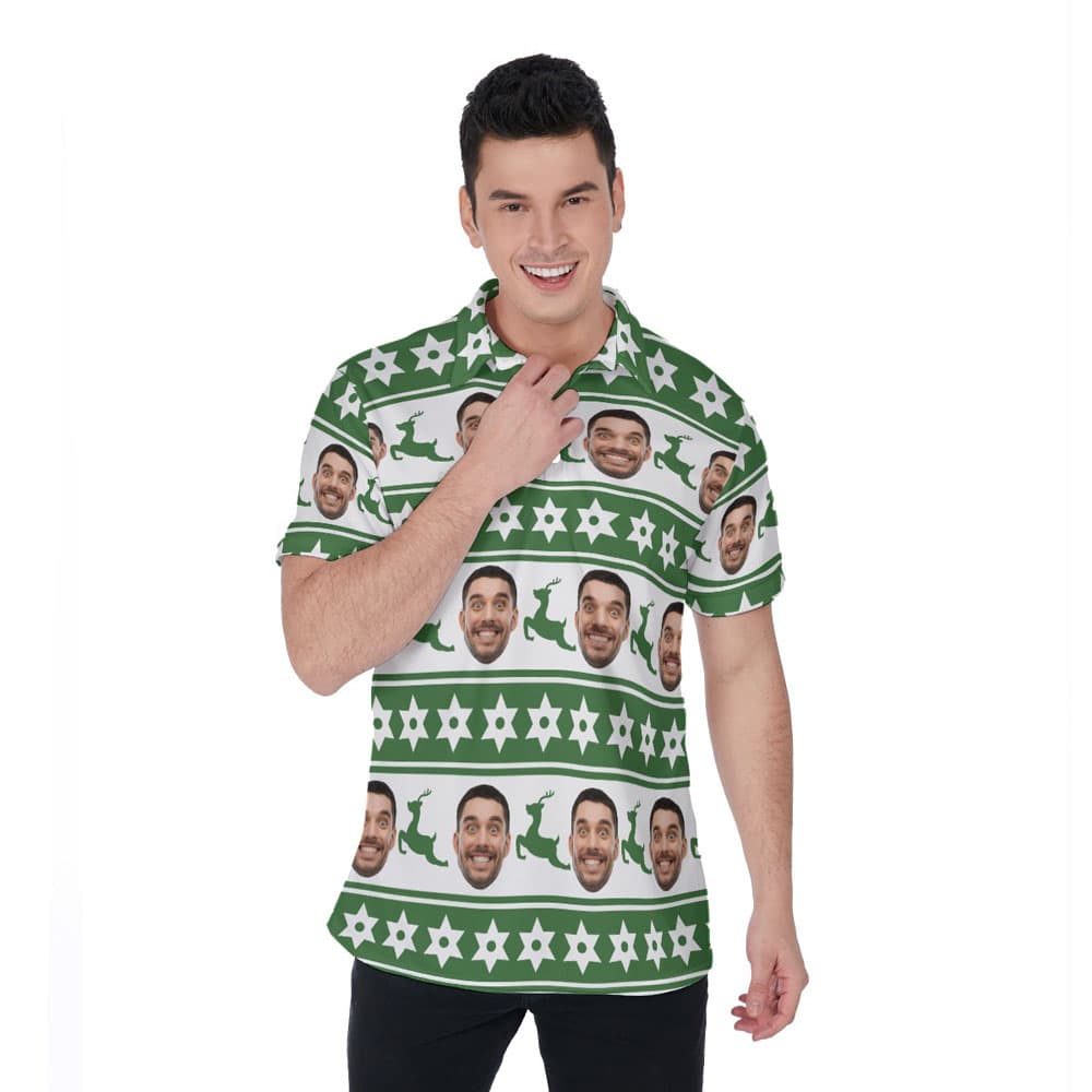 Funny Custom Face Christmas Reindeer Green Hawaiian Polo Golf Shirt