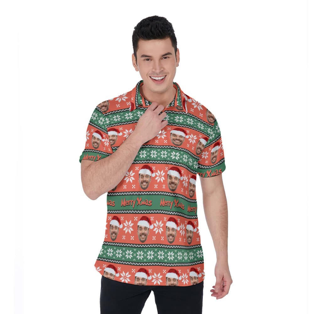 Funny Custom Face Merry Xmas Ugly Hawaiian Polo Shirt
