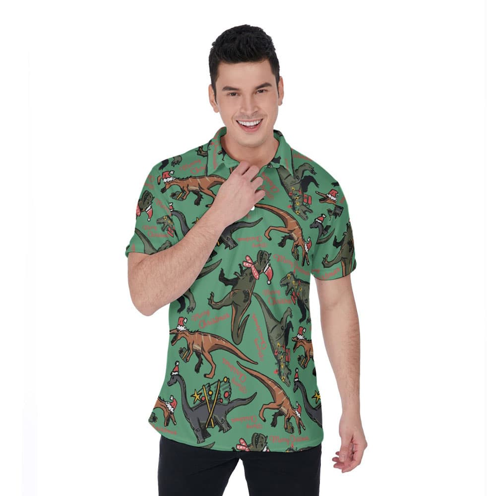 Funny Dinosaur Merry Christmas Hawaiian Polo Shirt