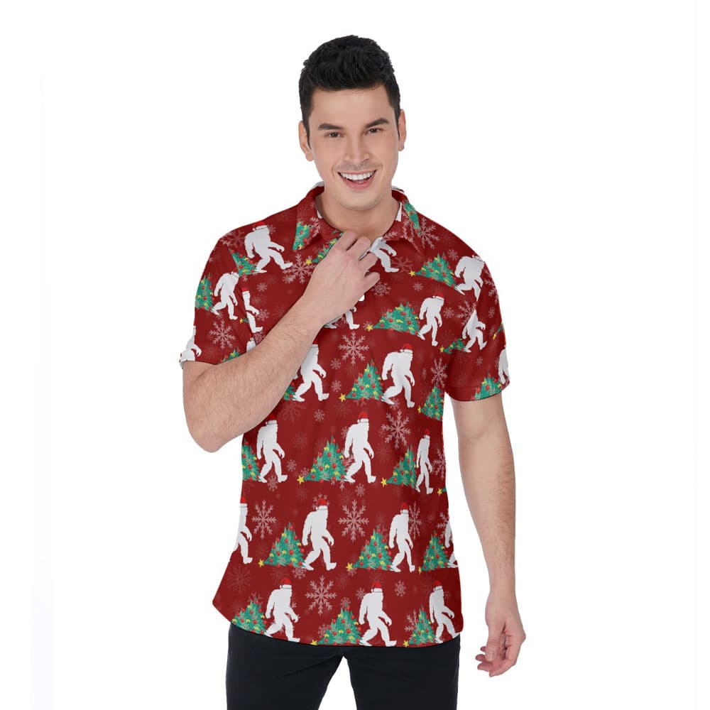 Funny Sasquatch With Christmas Tree Hawaiian Polo Shirt