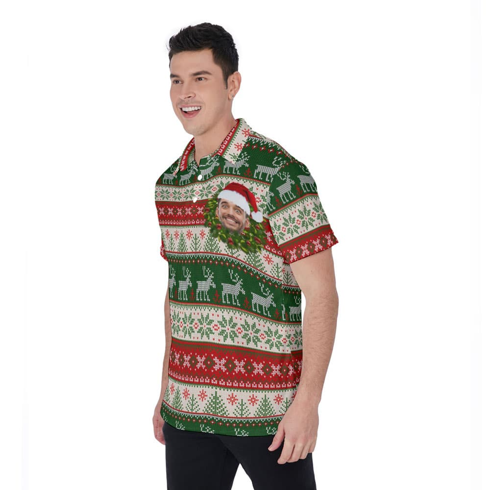Reindeer Ugly Christmas Hawaiian Polo Shirt With Custom Face