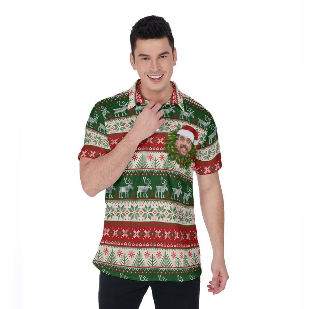 Reindeer Ugly Christmas Hawaiian Polo Shirt With Custom Face