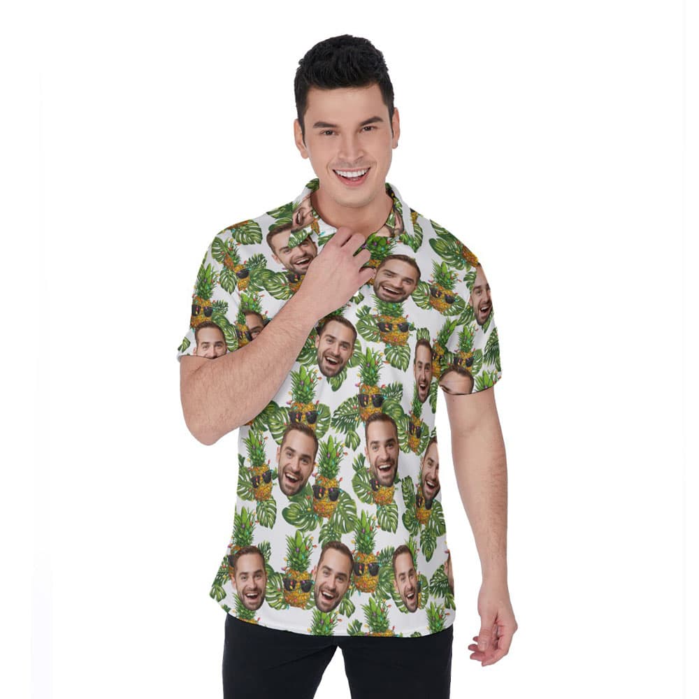 Tropical Pineapple Christmas Hawaiian Polo Shirt With Custom Face