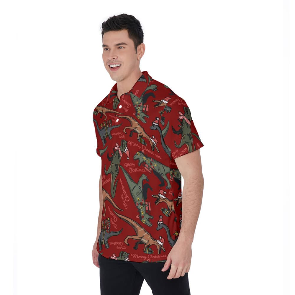 Vintage Christmas Dinosaur Hawaiian Polo Shirt For Men