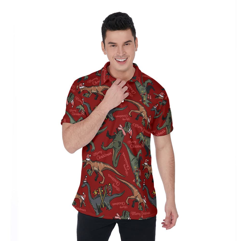 Vintage Christmas Dinosaur Hawaiian Polo Shirt For Men