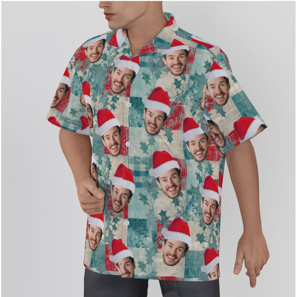Vintage Christmas Holly Leaves Blue Hawaiian Shirt With Custom Face