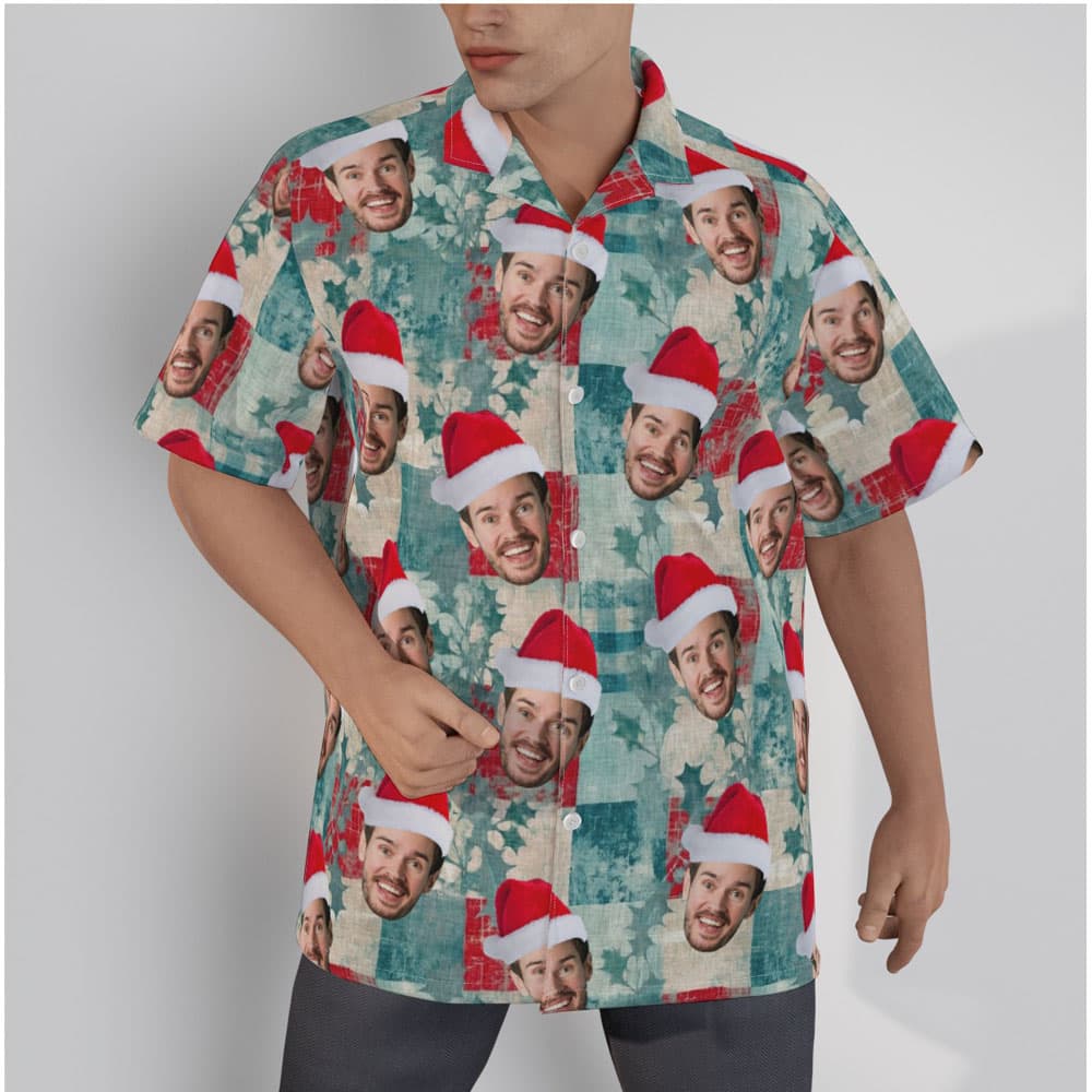 Vintage Christmas Holly Leaves Blue Hawaiian Shirt With Custom Face