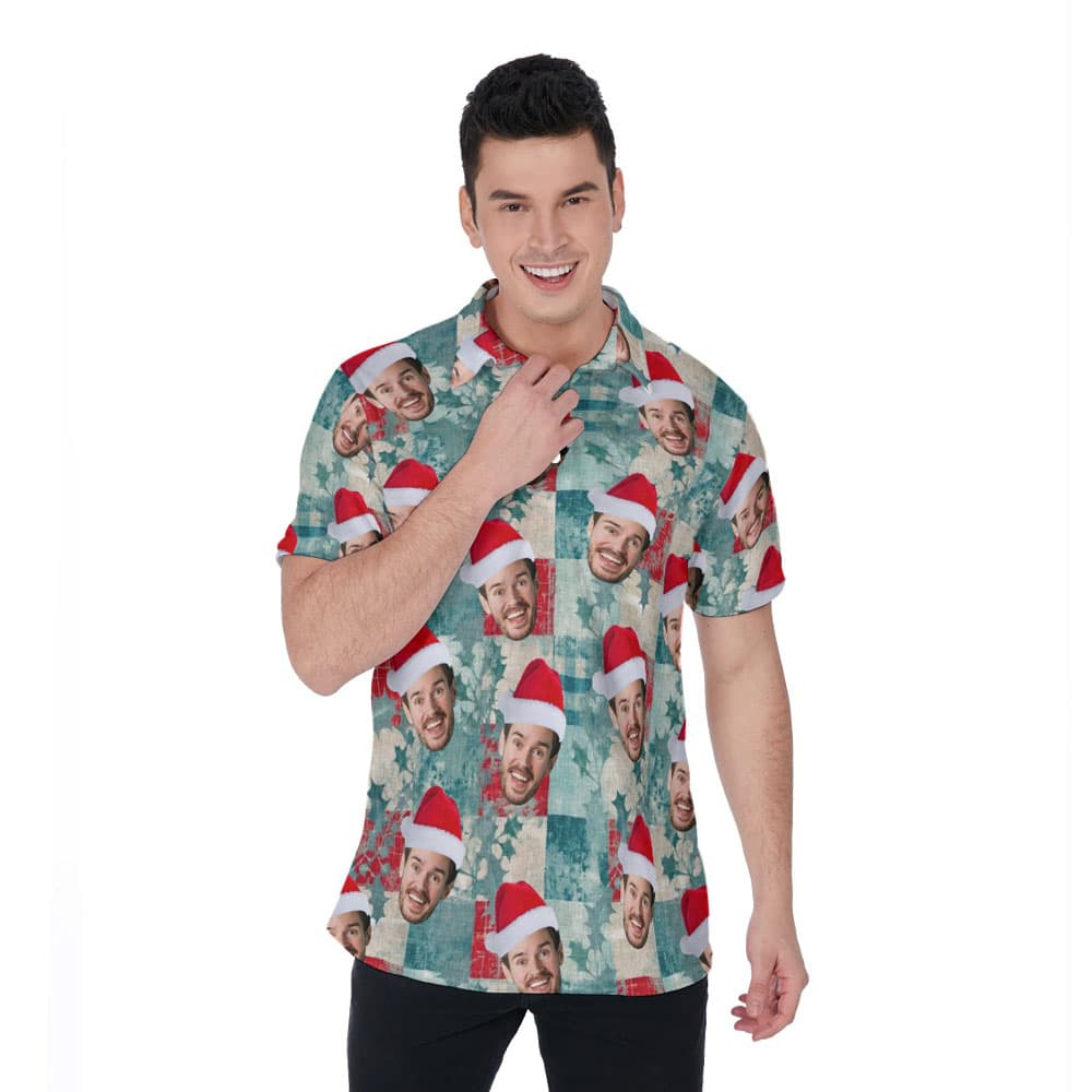 Vintage Christmas Holly Leaves Custom Face Hawaiian Polo Shirt