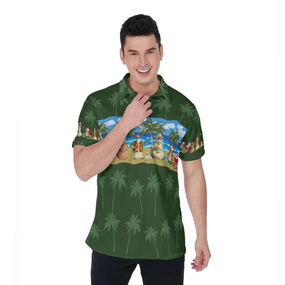 Vintage Christmas Snowman On Beach Green Hawaiian Polo Shirt