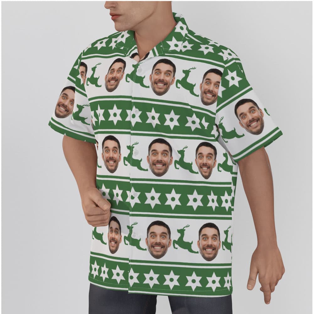 Vintage Reindeer Christmas Custom Face Hawaiian Collared Shirt