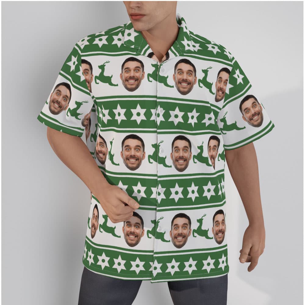 Vintage Reindeer Christmas Custom Face Hawaiian Collared Shirt
