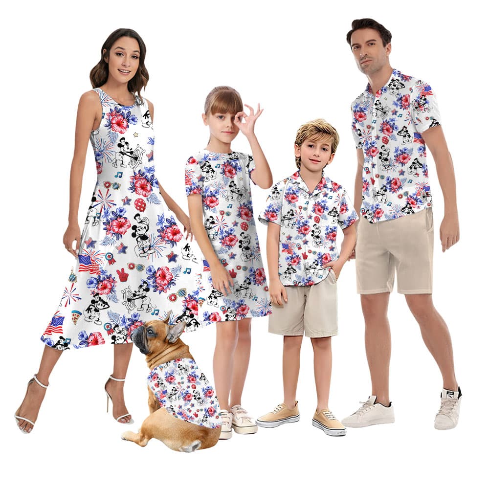 4th Of July Mickey Mouse Steamboat Willie Matching Family Hawaiian Outfits2