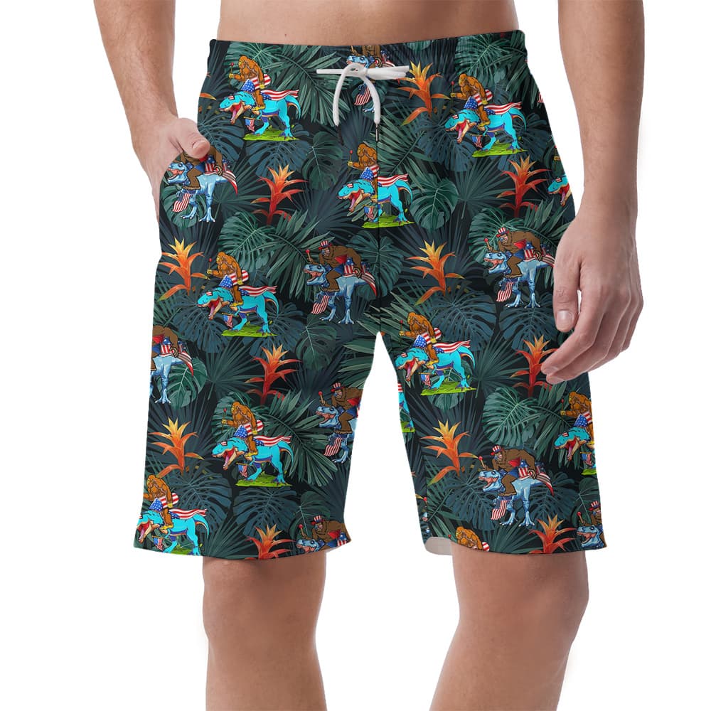 4th Of July Sasquatch Dinosaur Tropical Hawaiian Beach Shorts For Men