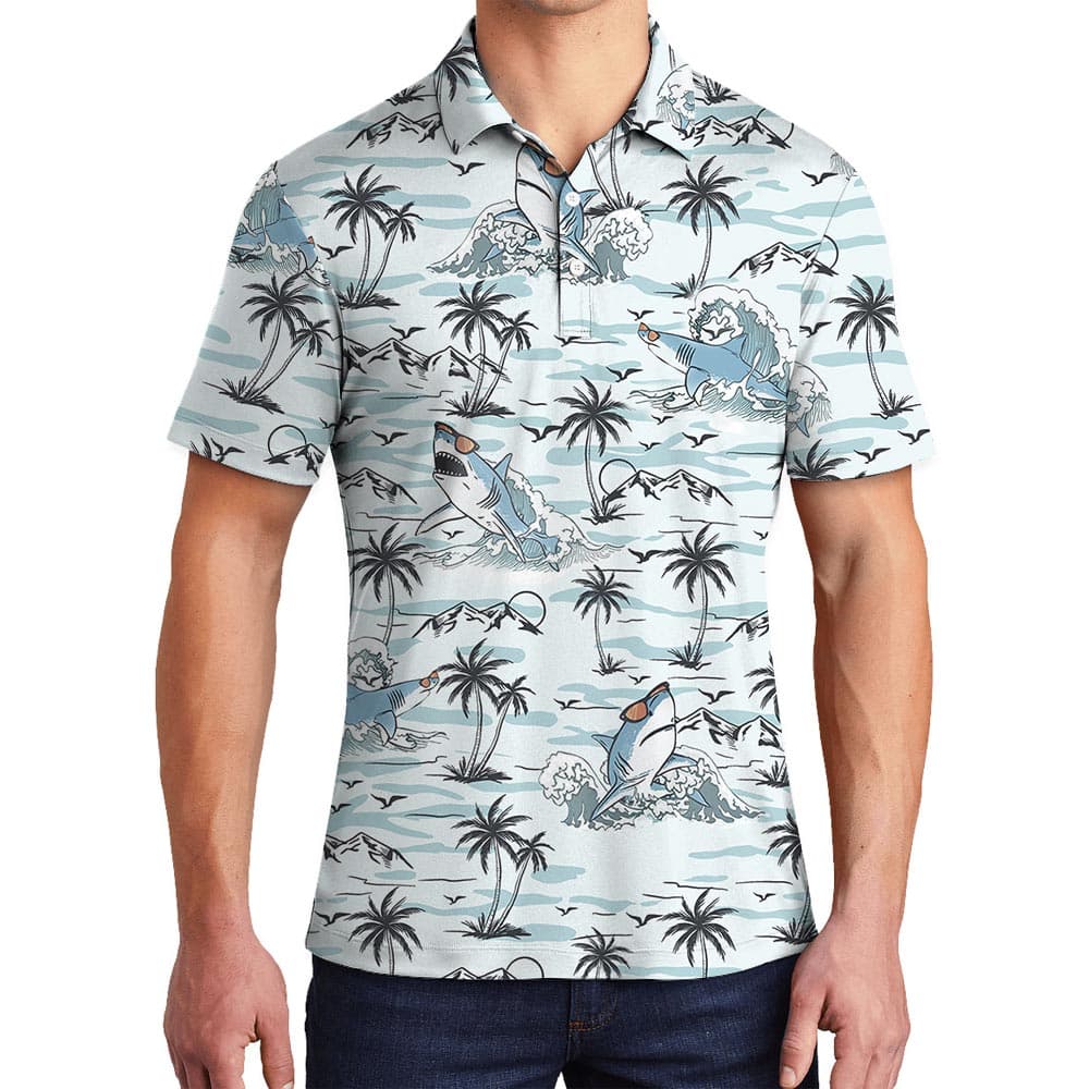 Blue Shark Hawaiian Polo Shirt For Men