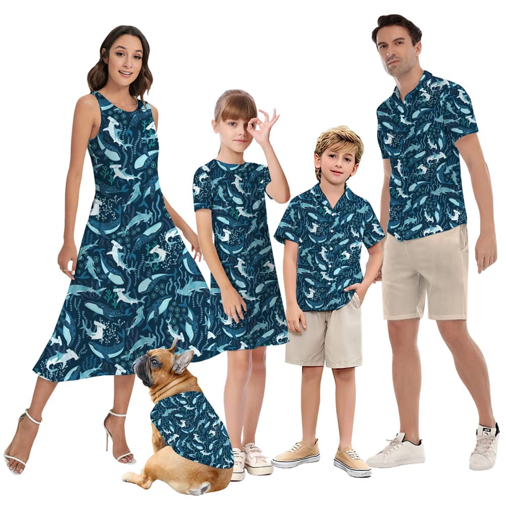 Blue Shark Matching Family Hawaiian Outfits