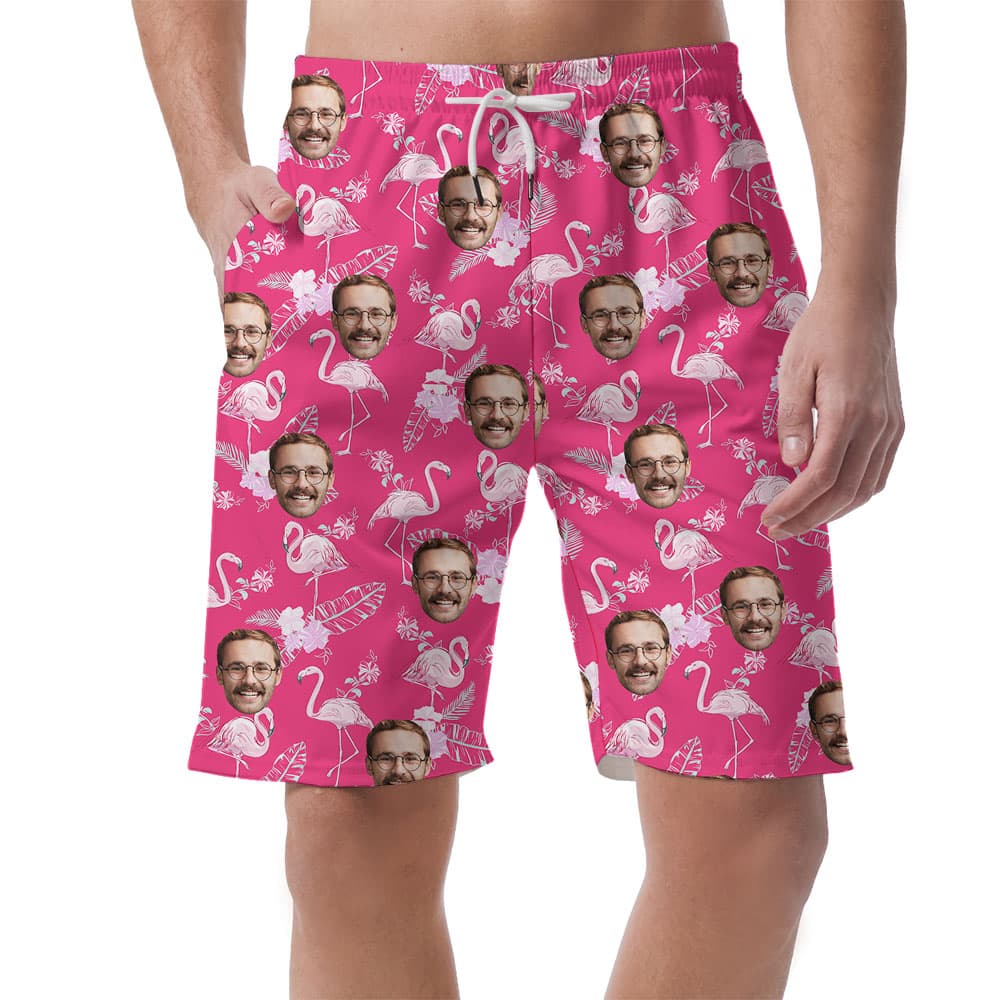 Cool Custom Face Pink Hawaiian Men's Shorts With Flamingo1