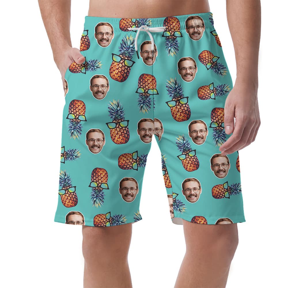 Cool Pineapple Blue Beach Hawaiian Shorts With Faces 1
