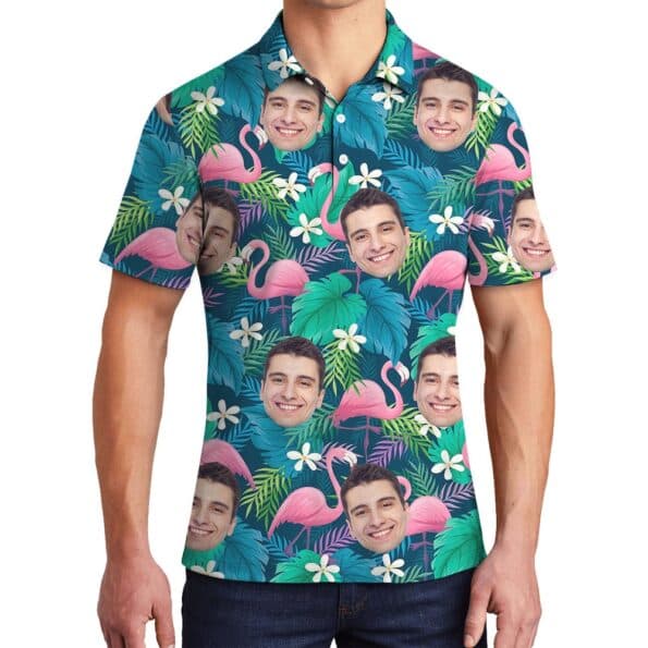 Custom Face Flamingo Aloha Polo Shirt For Men