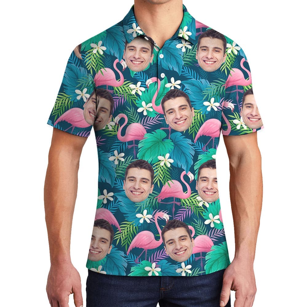 Custom Face Flamingo Aloha Polo Shirt For Men