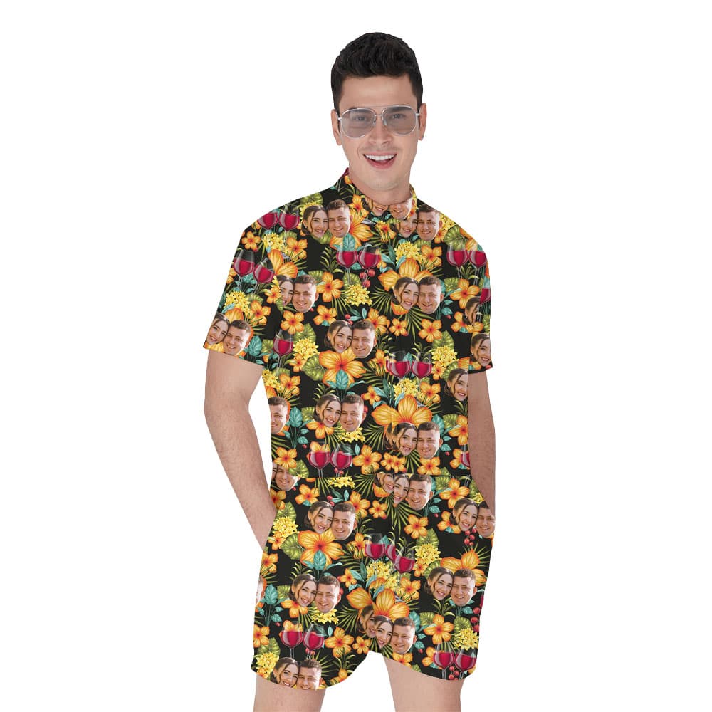 Custom Face Men's Hawaiian Romper With Wine Print 1