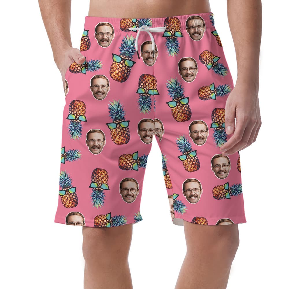 Custom Face Pink Men's Hawaiian Shorts With Pineapple1
