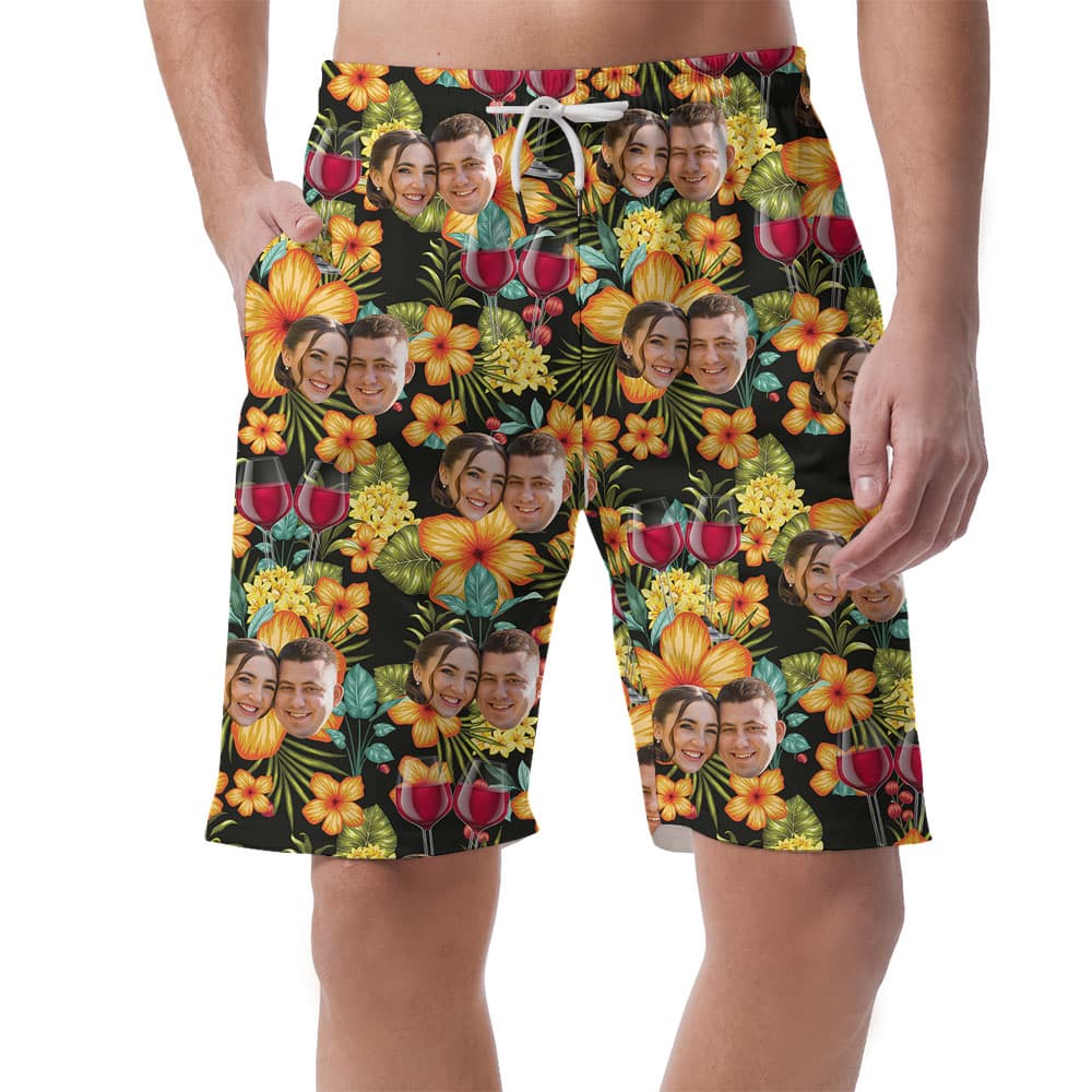 Custom Face Red Wine Beach Shorts With Couple Faces1