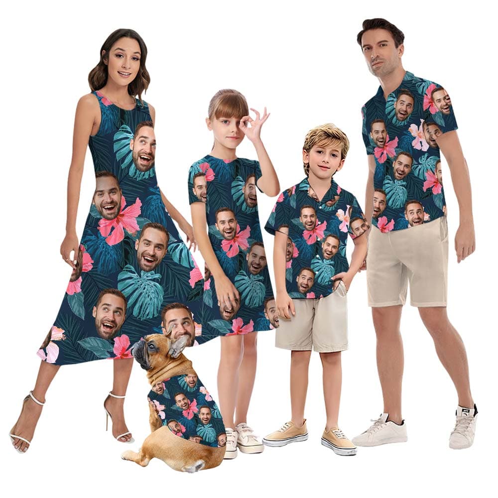 Custom Tropical Matching Hawaiian Shirt And Dress With Faces1