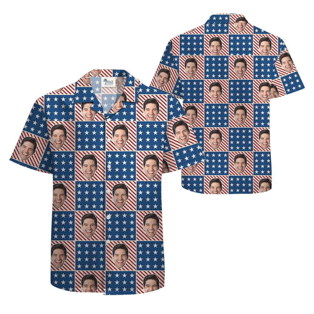 Custom White Red And Blue Photo Button Up Shirt1