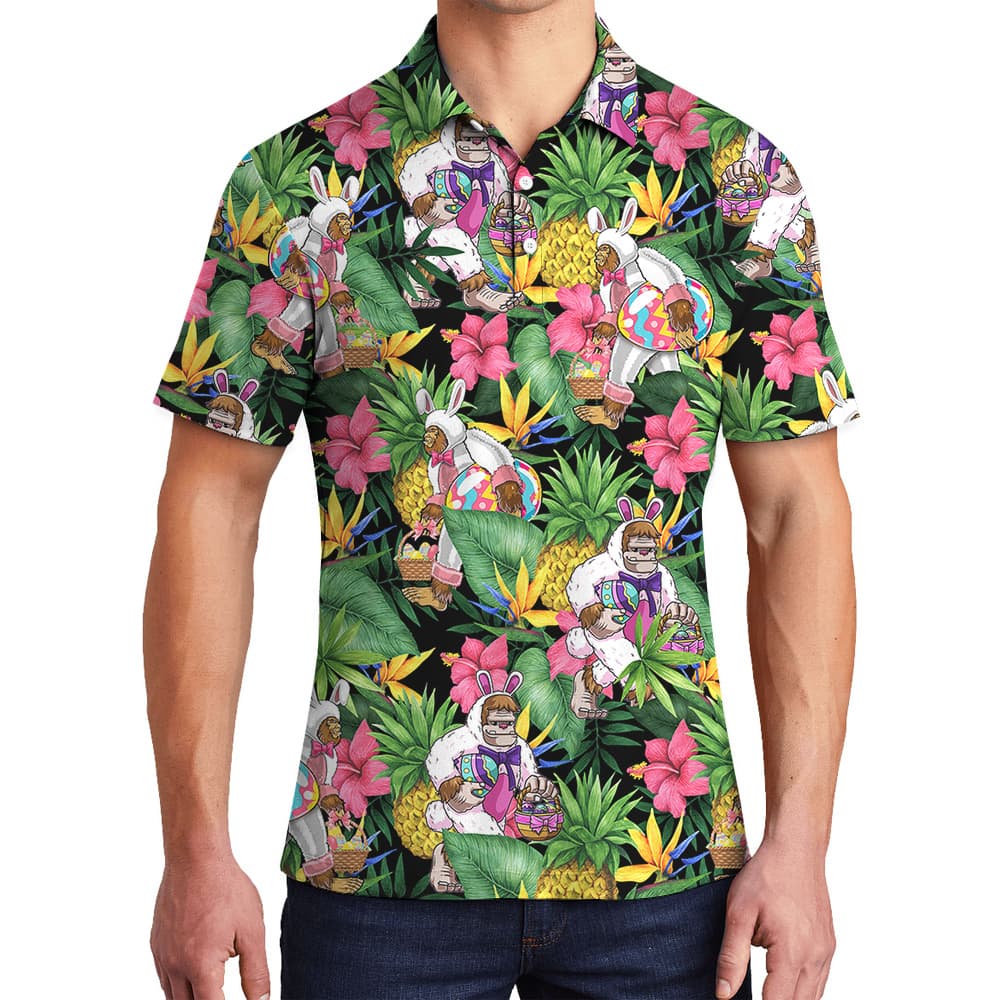 Cute Bigfoot Bunny Easter Egg Tropical Hawaiian Polo Shirt