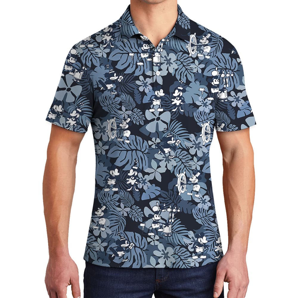 Cute Mickey Mouse Vintage Floral Navy Hawaiian Polo Shirt