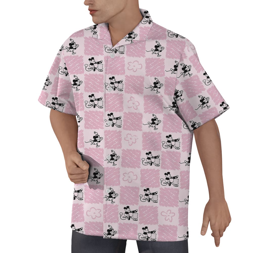 Cute Mickey Steamboat Willie Floral Blue Hawaiian Men's Shirt