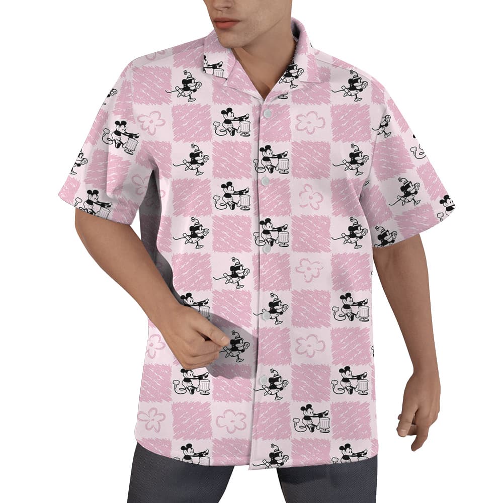 Cute Mickey Steamboat Willie Floral Blue Hawaiian Men’s Shirt (5)