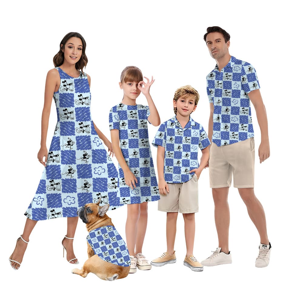 Cute Mickey Steamboat Willie Floral Blue Matching Family Hawaiian OutfitsCute Mickey Steamboat Willie Floral Blue Matching Family Hawaiian Outfits