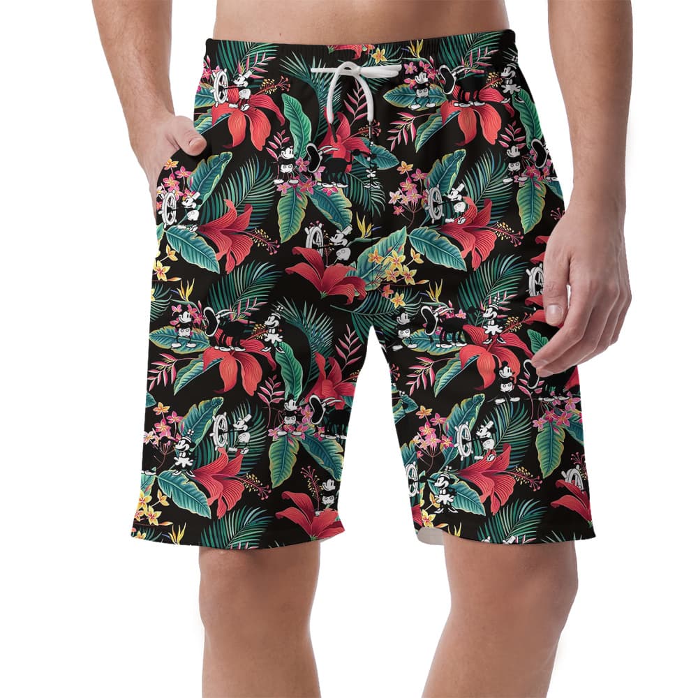 Cute Mickey Steamboat Willie Movie Tropical Hibiscus Hawaiian Beach Shorts For Men