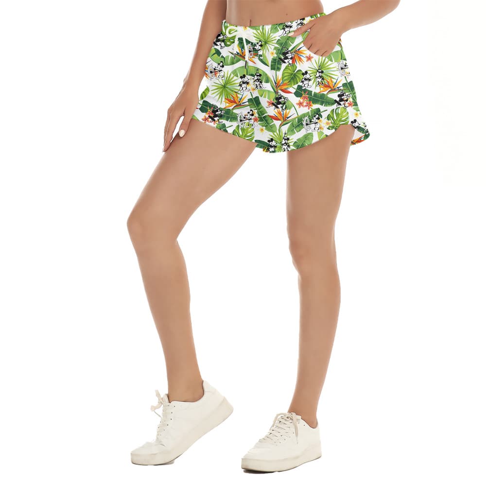Cute Mickey Steamboat Willie Tropical Hawaiian Beach Shorts For Women